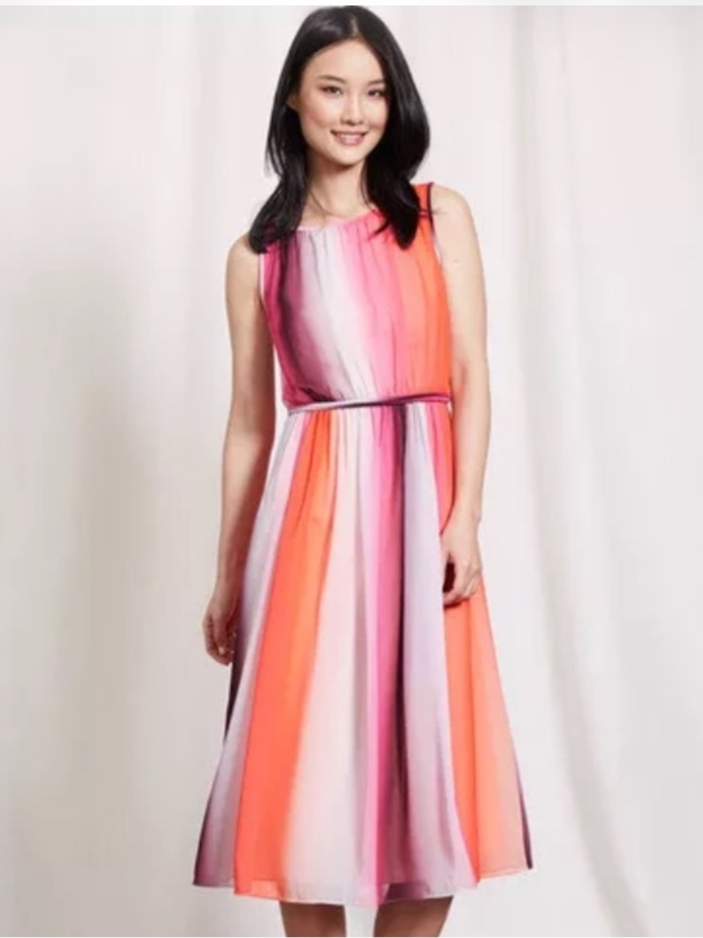 Boden Maria Ombre Striped Sleeveless Midi Dress in Coral, Pink & Lavender